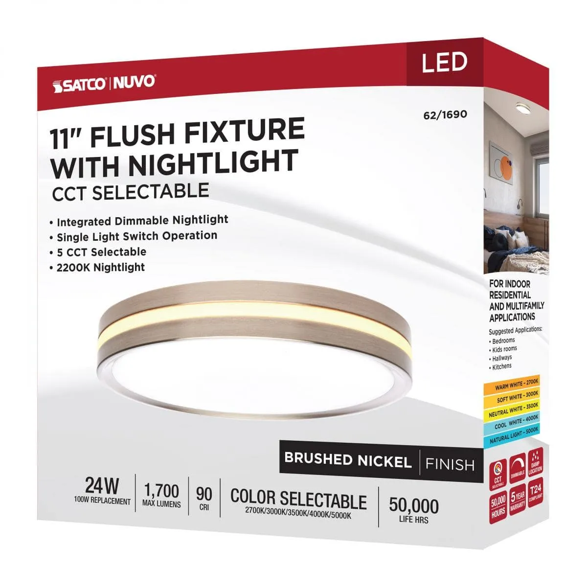 11 Inch Surface Mount with Night Light; 5 CCT Selectable; Brushed Nickel Finish