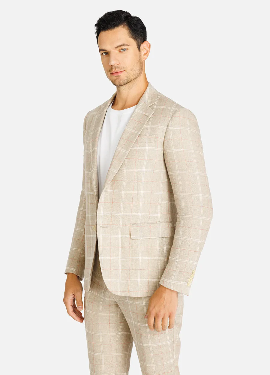 1PA1 Men's 100% Linen Suits Two-Button Plaid Blazer Suits