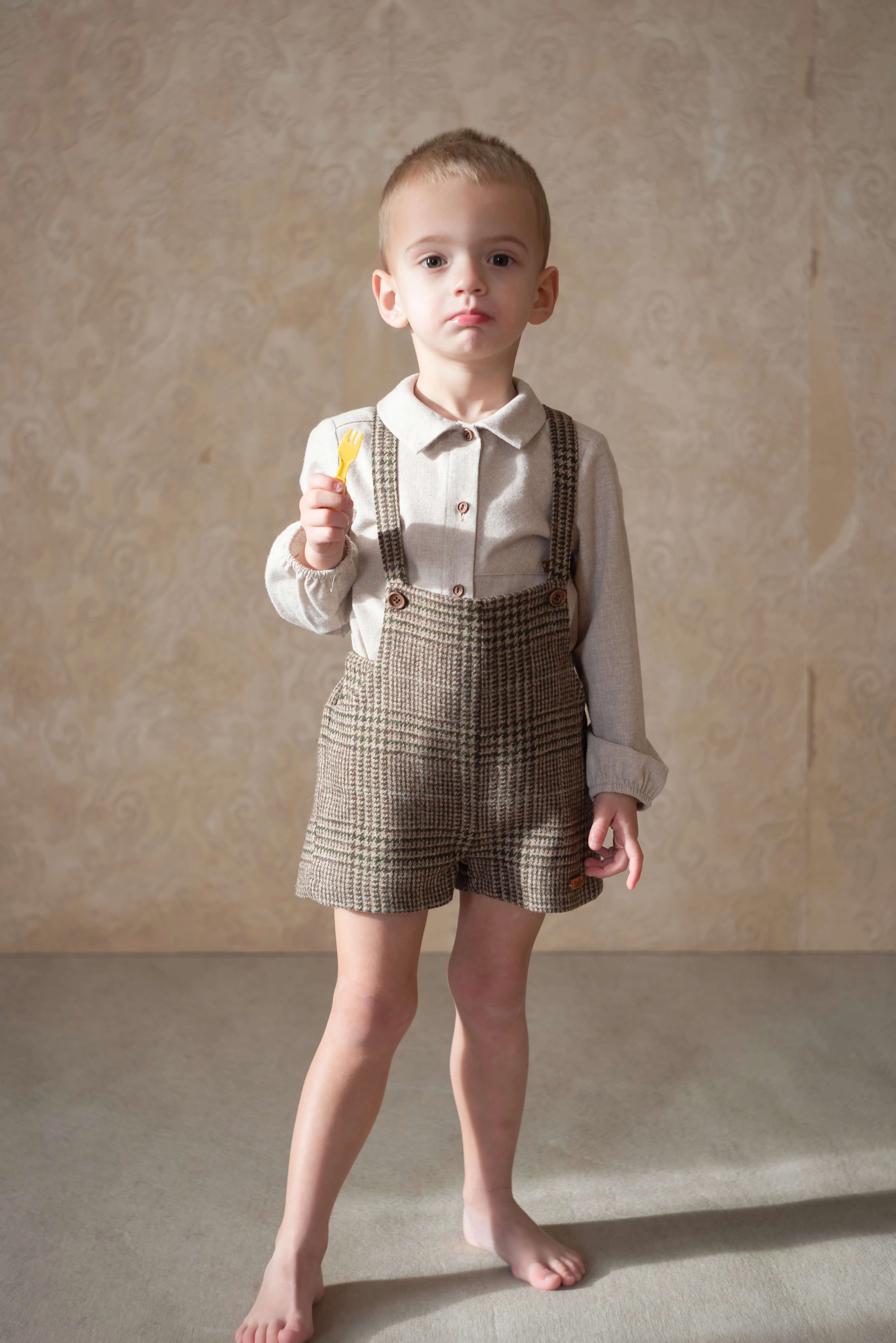 7.5-BROWN PLAID WOOLEN ROMPER SUIT W/POCKETS