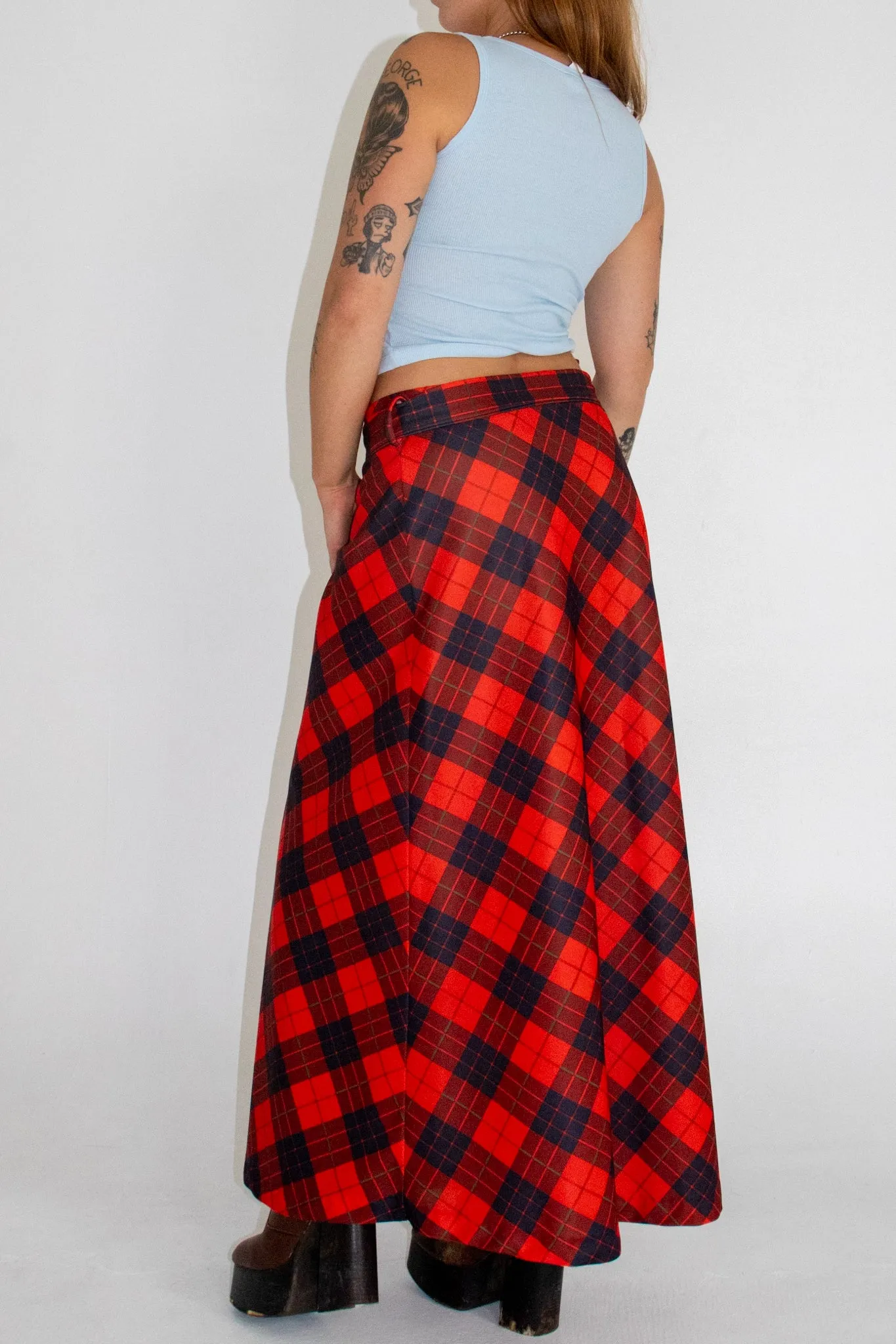 80s Red Tartan Maxi Skirt