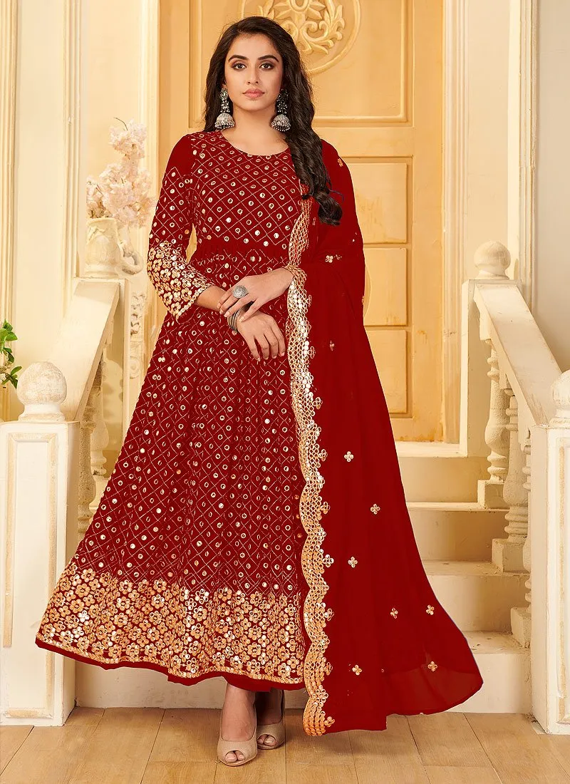 Appealing Red Foil Mirror Georgette Anarkali Suit