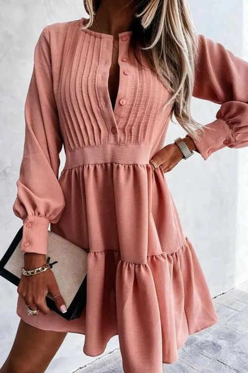 Button Layered Long Sleeve Mini Dress