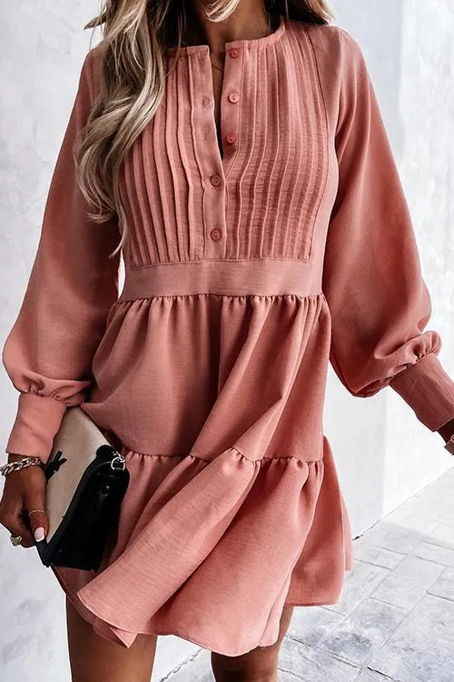 Button Layered Long Sleeve Mini Dress