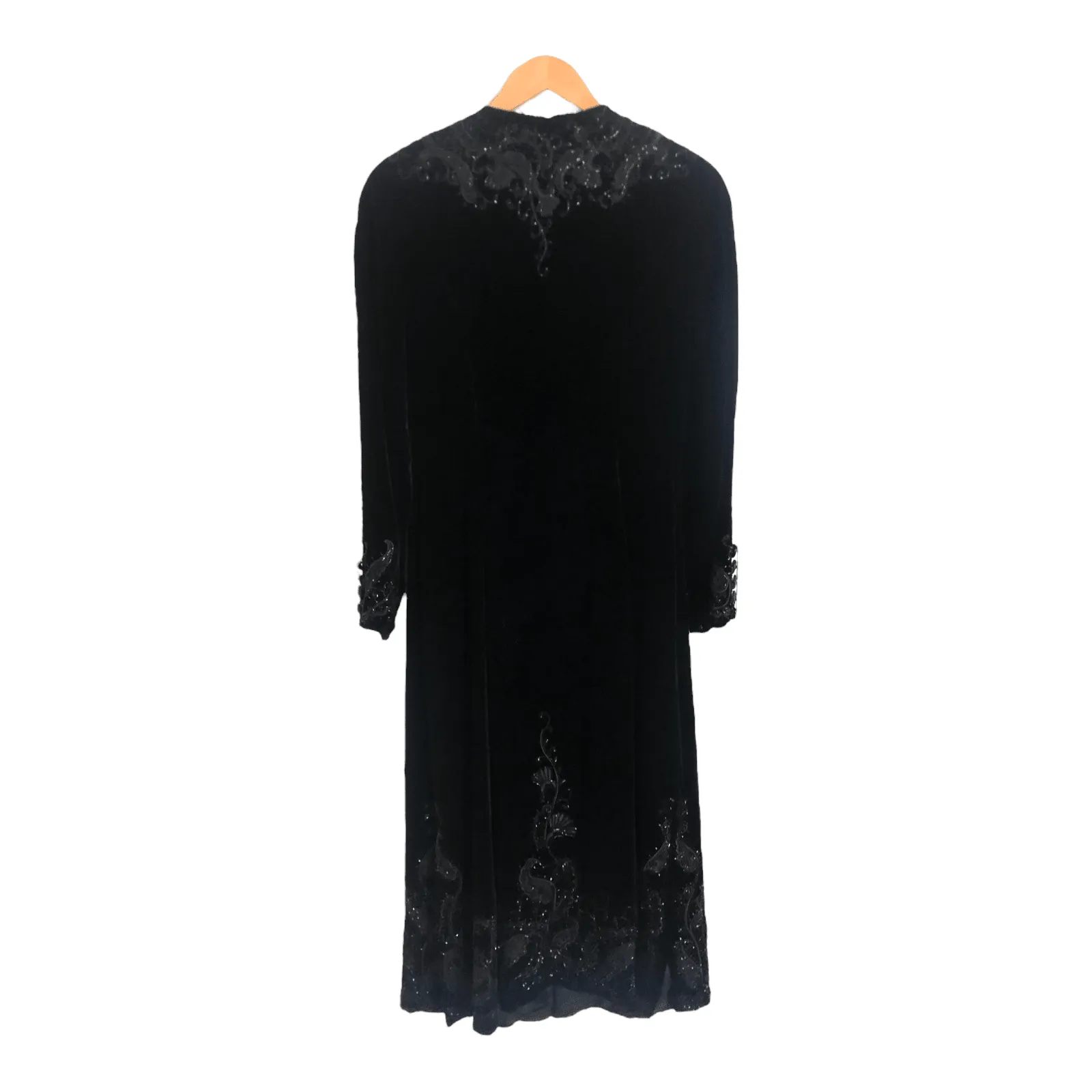 Carmen Marc Valvo Silk Velvet Long Sleeved Maxi Dress Coat Black Embroidered Embellished UK Size 10