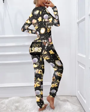 Christmas Print Long Sleeve Functional Buttoned Flap Pajamas