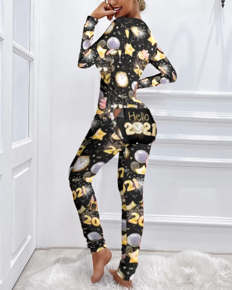 Christmas Print Long Sleeve Functional Buttoned Flap Pajamas