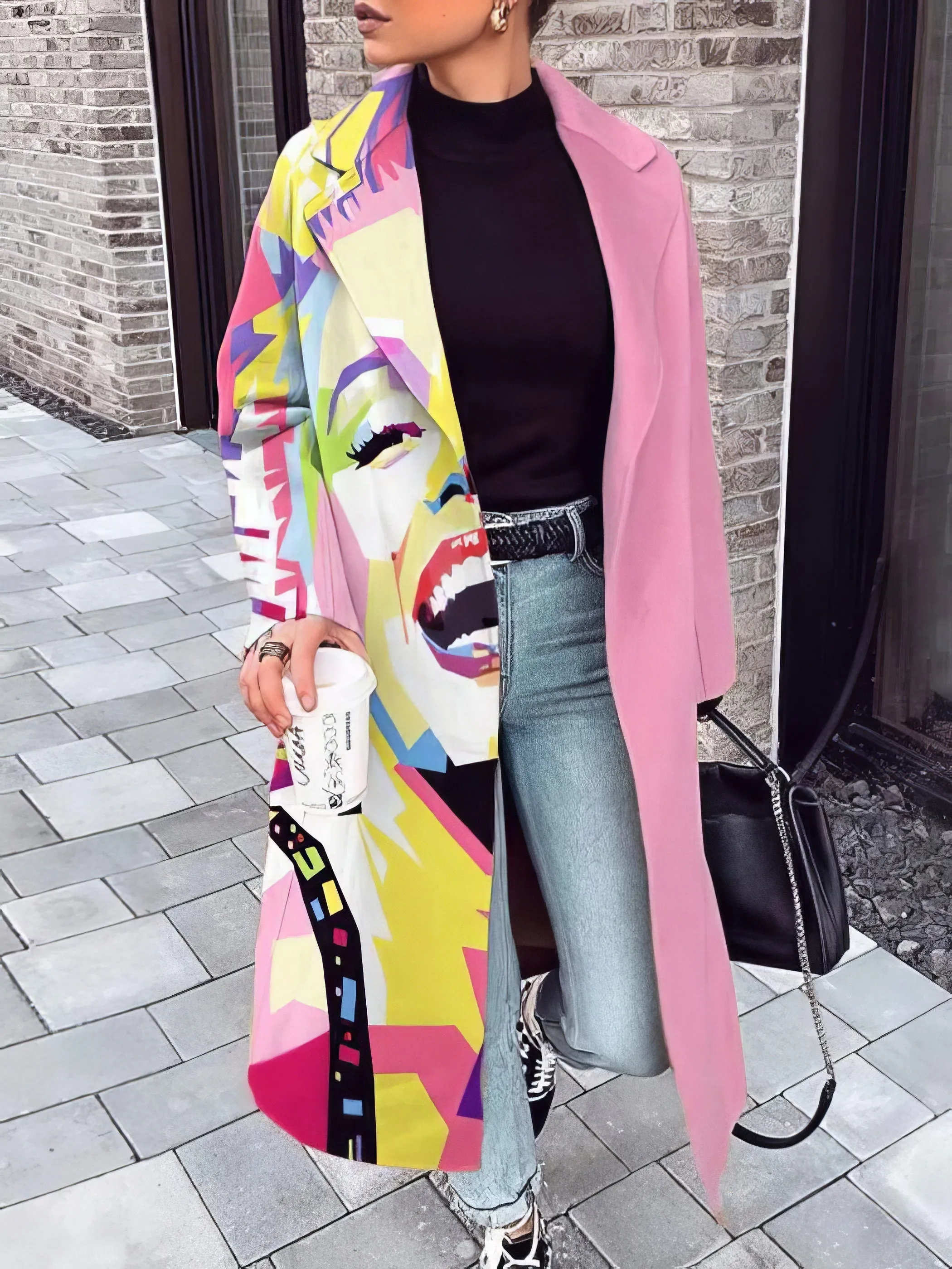 Coats Printed Stitching Lapel Long Woolen Coat for Women