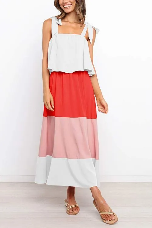 Color Block Bow Slip Maxi Dress