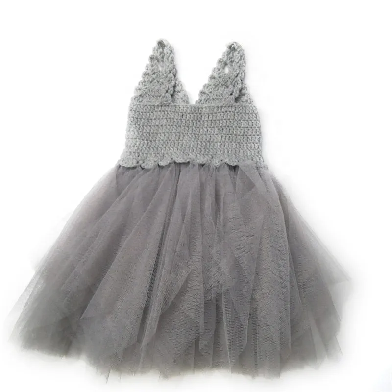 DOLLY by Le Petit Tom ® CROCHET TUTU DRESS V-NECK silver grey