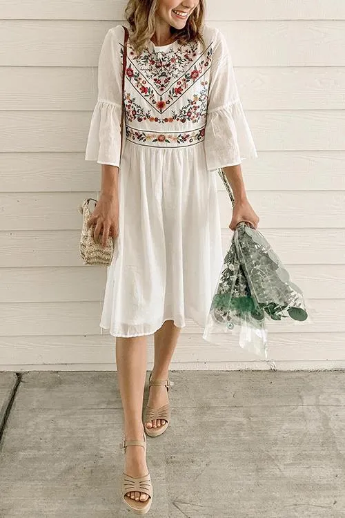 Flares Sleeve Embroidery Mini Dress