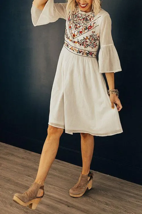 Flares Sleeve Embroidery Mini Dress