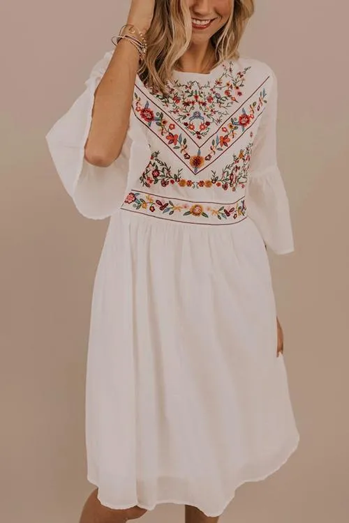 Flares Sleeve Embroidery Mini Dress