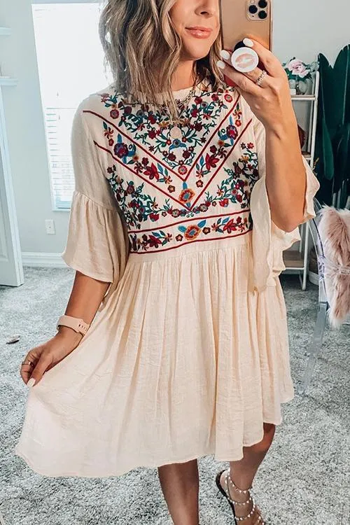 Flares Sleeve Embroidery Mini Dress