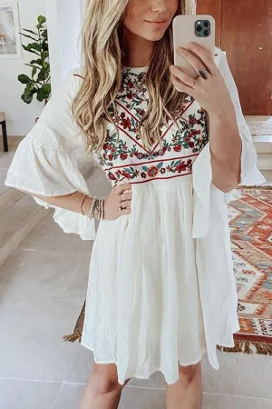 Flares Sleeve Embroidery Mini Dress