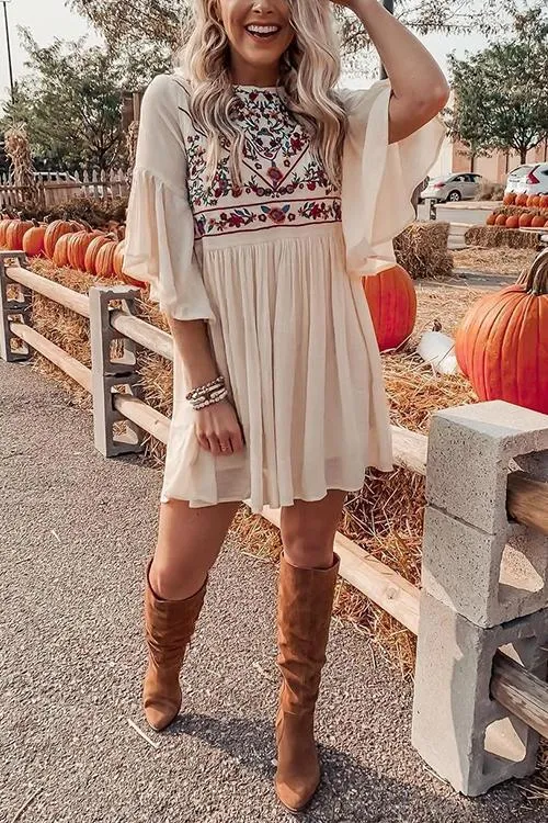 Flares Sleeve Embroidery Mini Dress