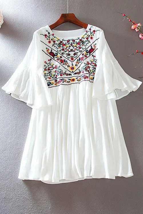 Flares Sleeve Embroidery Mini Dress