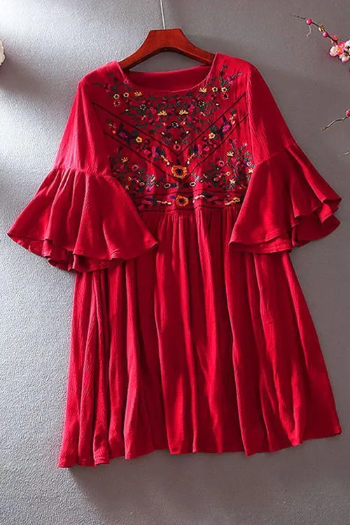 Flares Sleeve Embroidery Mini Dress