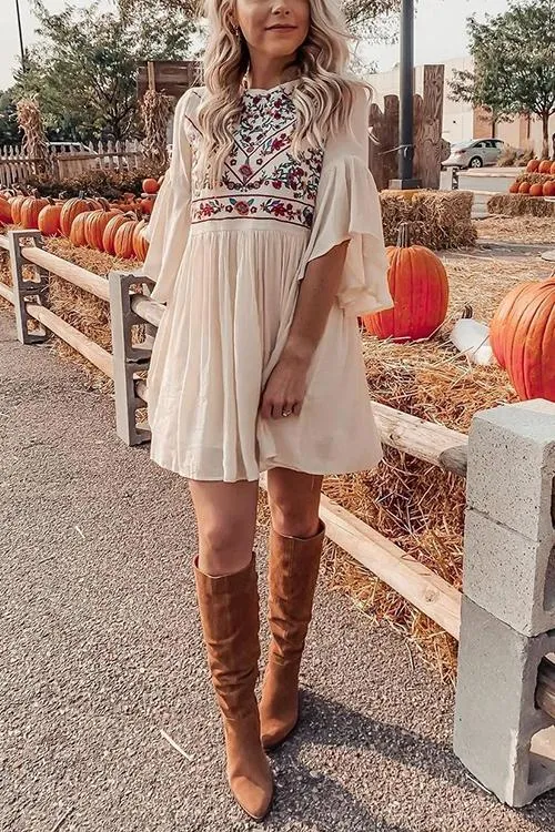 Flares Sleeve Embroidery Mini Dress