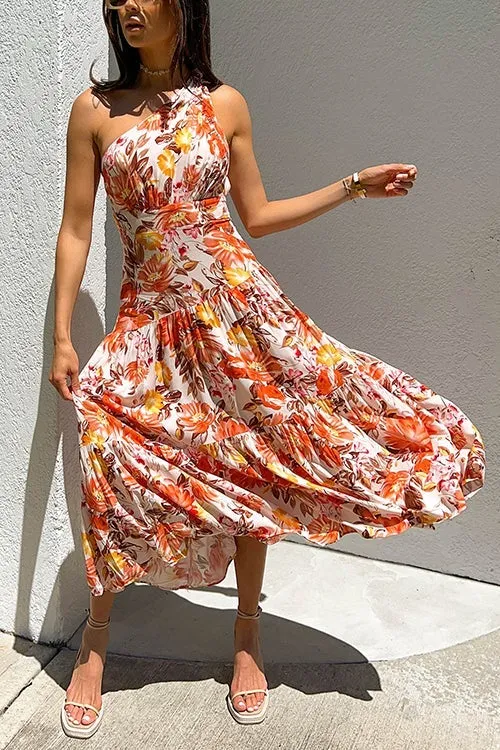 Floral One Shoulder Layer Maxi Dress