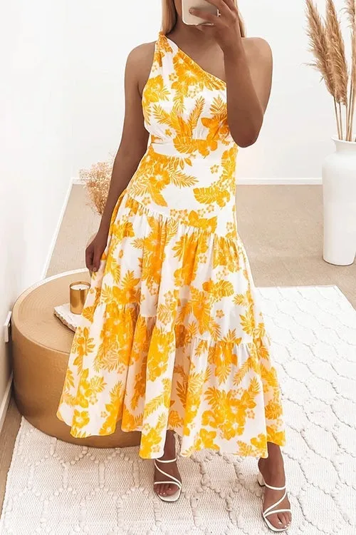 Floral One Shoulder Layer Maxi Dress