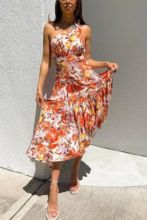 Floral One Shoulder Layer Maxi Dress