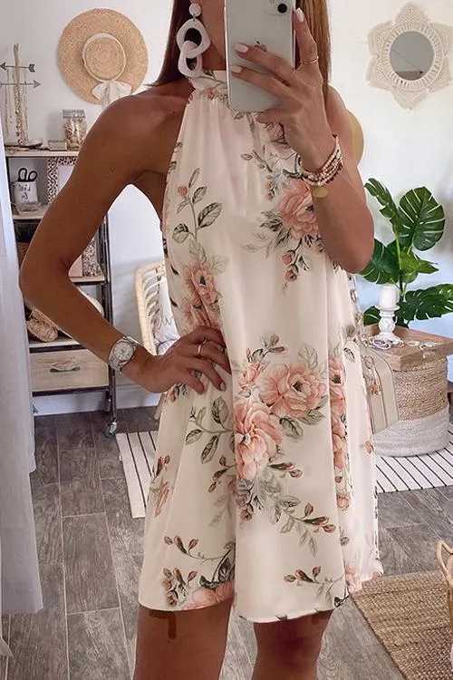 Floral Print Halter Neck Sleeveless Mini Dress