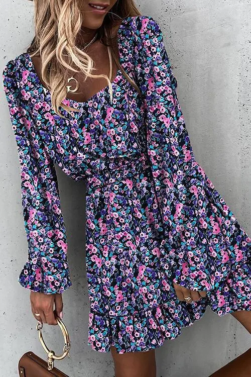 Floral Print Long Sleeve Mini Dress