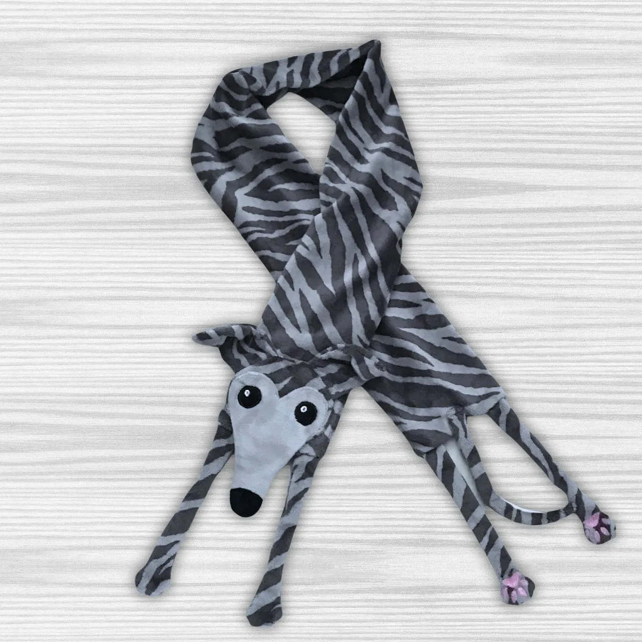 Houndie Cuddler Scarf Greyhound Whippet Grey Brindle with Silver Mask