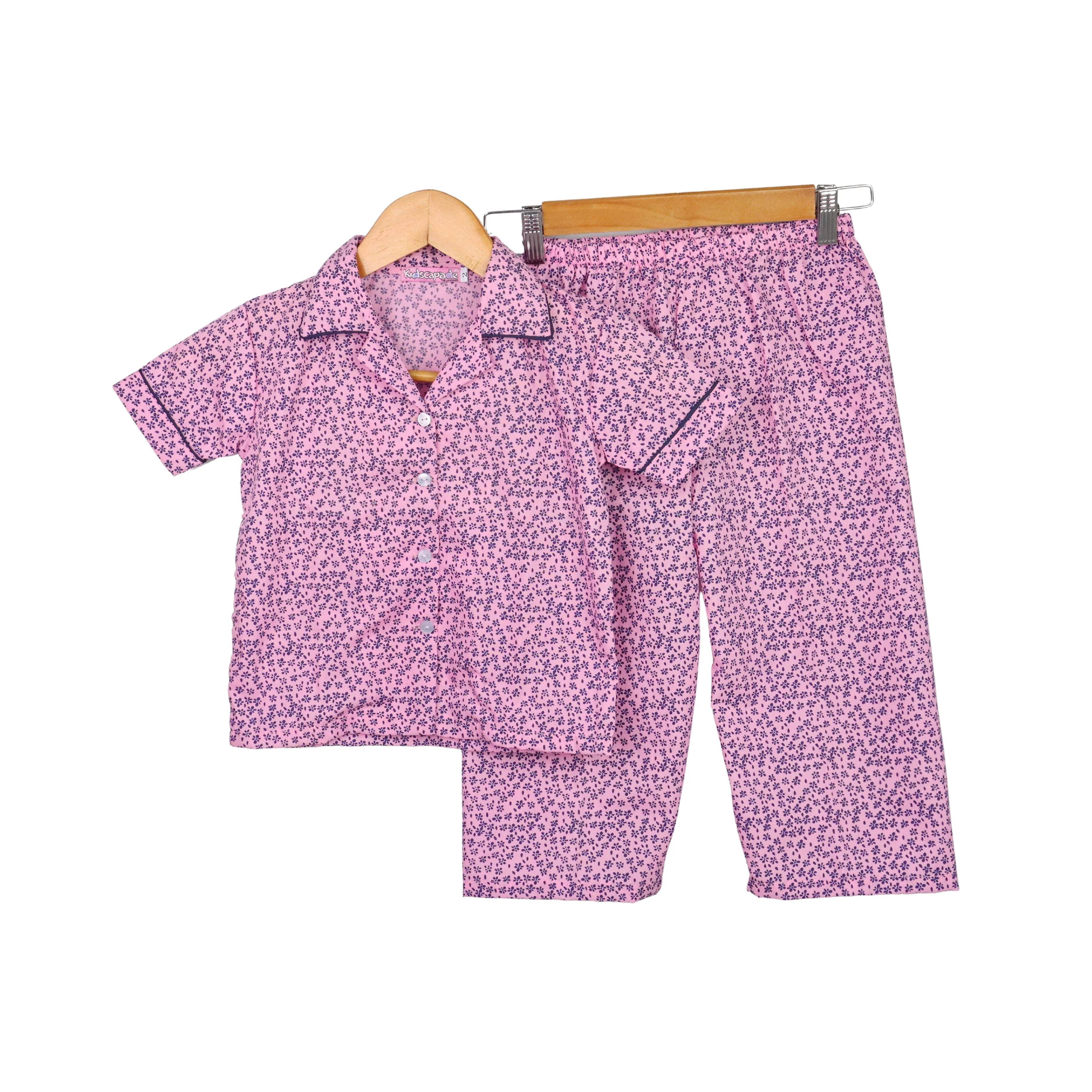 Kidscapade P. Girls Pajama Set Mini Flower Print with Collar - Pink