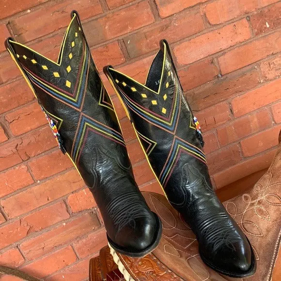 LARRY MAHAN Rare Vintage Aztec Beaded Fringe Black Leather Cowboy Western Boots