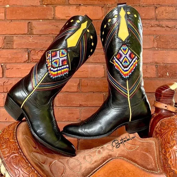 LARRY MAHAN Rare Vintage Aztec Beaded Fringe Black Leather Cowboy Western Boots