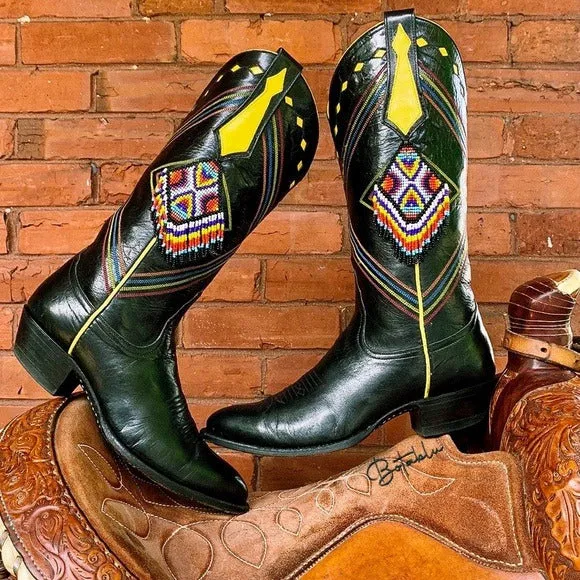 LARRY MAHAN Rare Vintage Aztec Beaded Fringe Black Leather Cowboy Western Boots