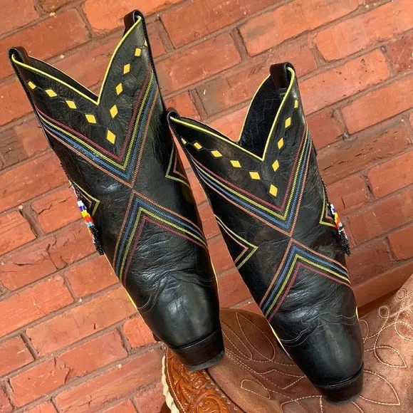 LARRY MAHAN Rare Vintage Aztec Beaded Fringe Black Leather Cowboy Western Boots