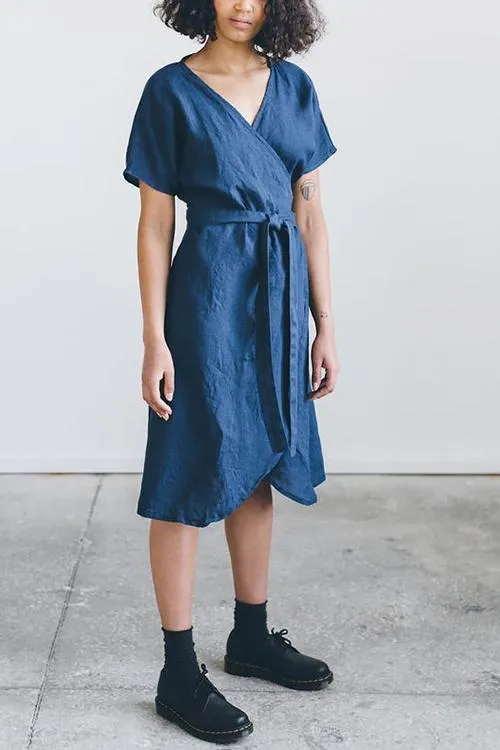 Linen Short Sleeve Wrap Dress