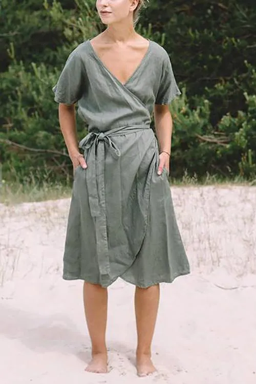 Linen Short Sleeve Wrap Dress