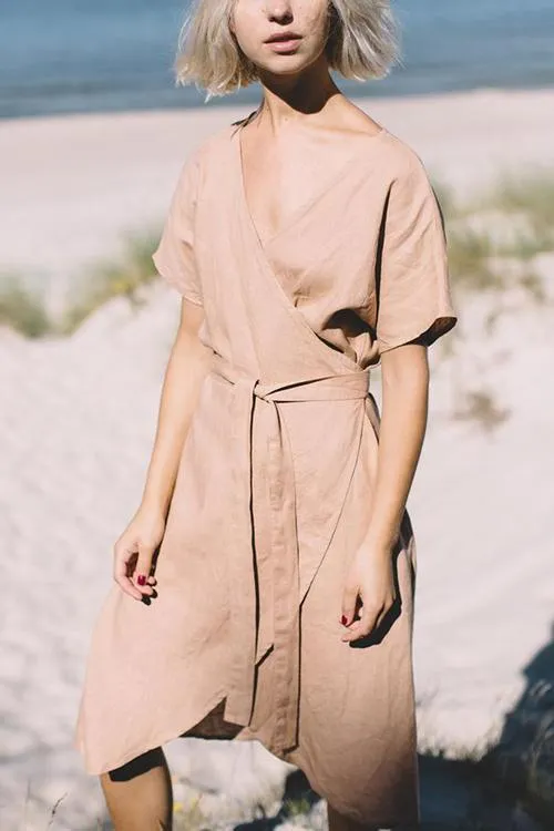 Linen Short Sleeve Wrap Dress