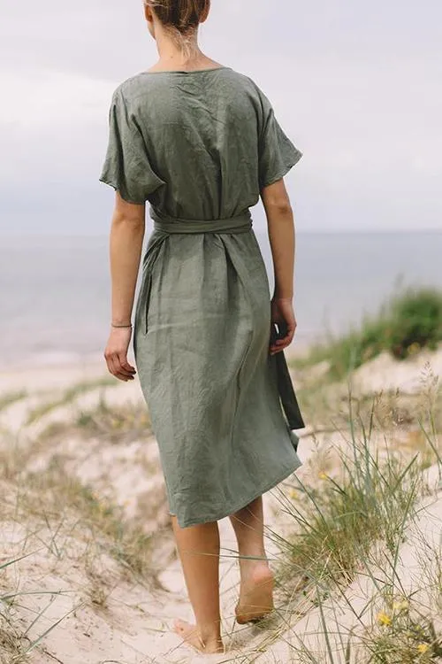 Linen Short Sleeve Wrap Dress