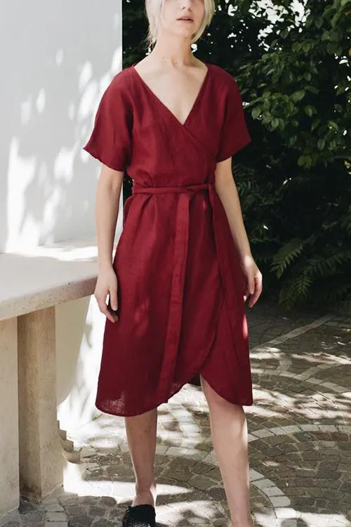 Linen Short Sleeve Wrap Dress