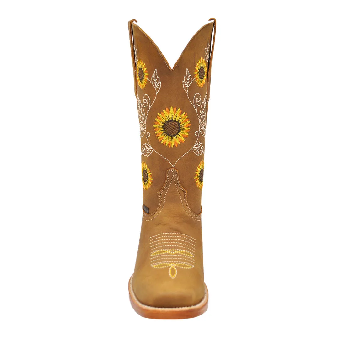 Luma Andrea Women's Sunflower Embroidery Tan Square Toe Western Boots