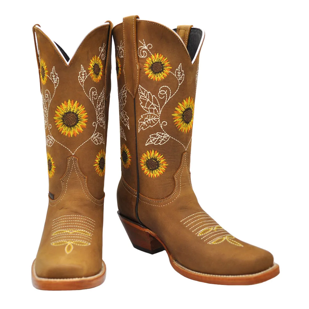 Luma Andrea Women's Sunflower Embroidery Tan Square Toe Western Boots