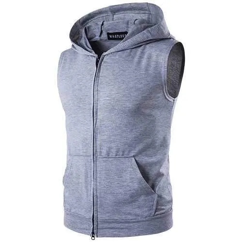 Mens Fashion Hooded Sleeveless Zipper Vest Big Pocket Sports Cotton Tank Tops