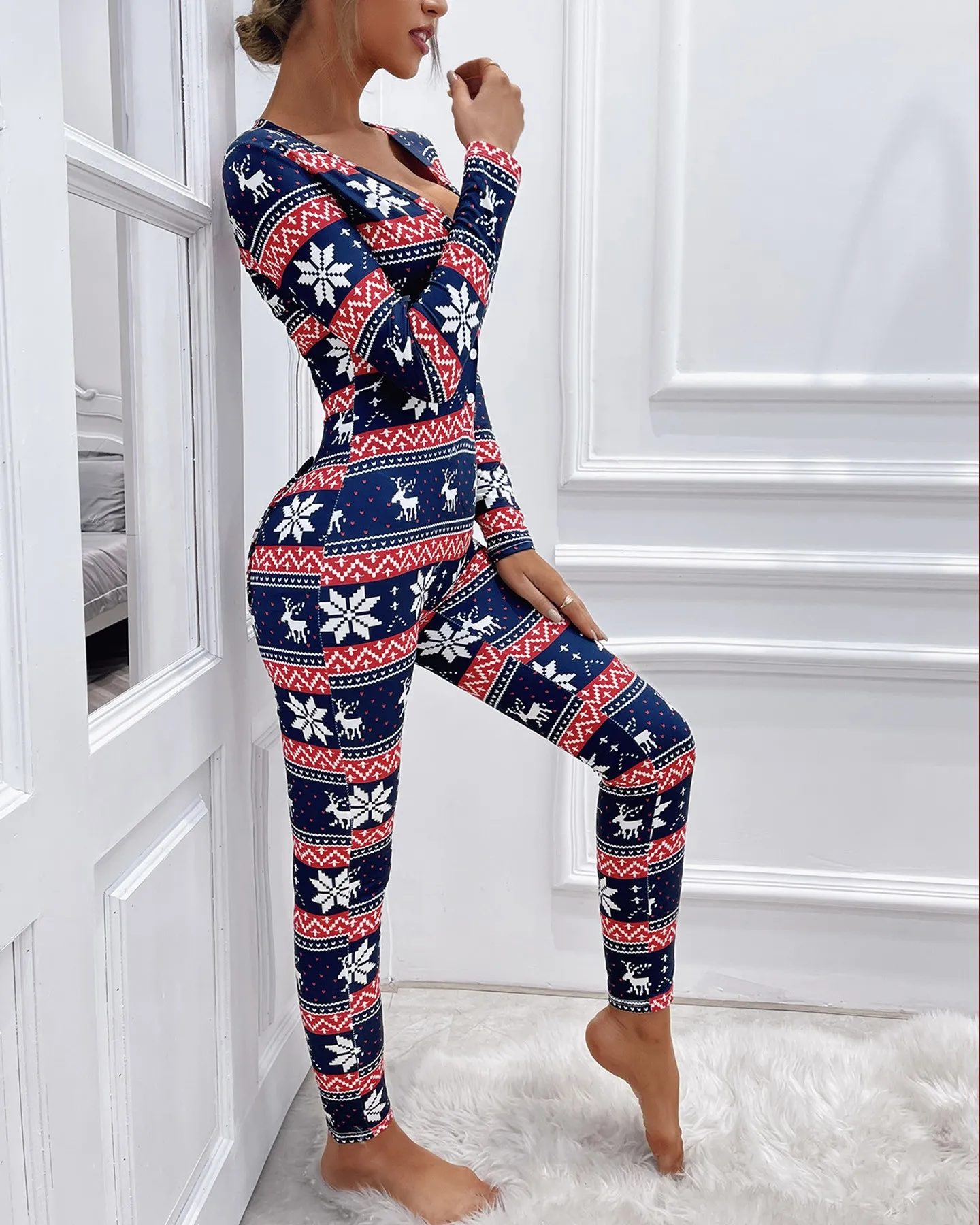 Plain Functional Buttoned Flap Adults Pajamas