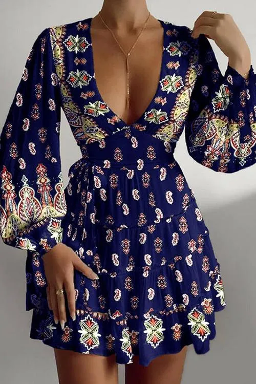 Print Deep V Neck Puff Sleeve Mini Dress