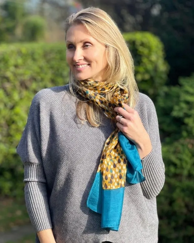 Pure Silk Scarf - Teal And Ochre Raindrop Print