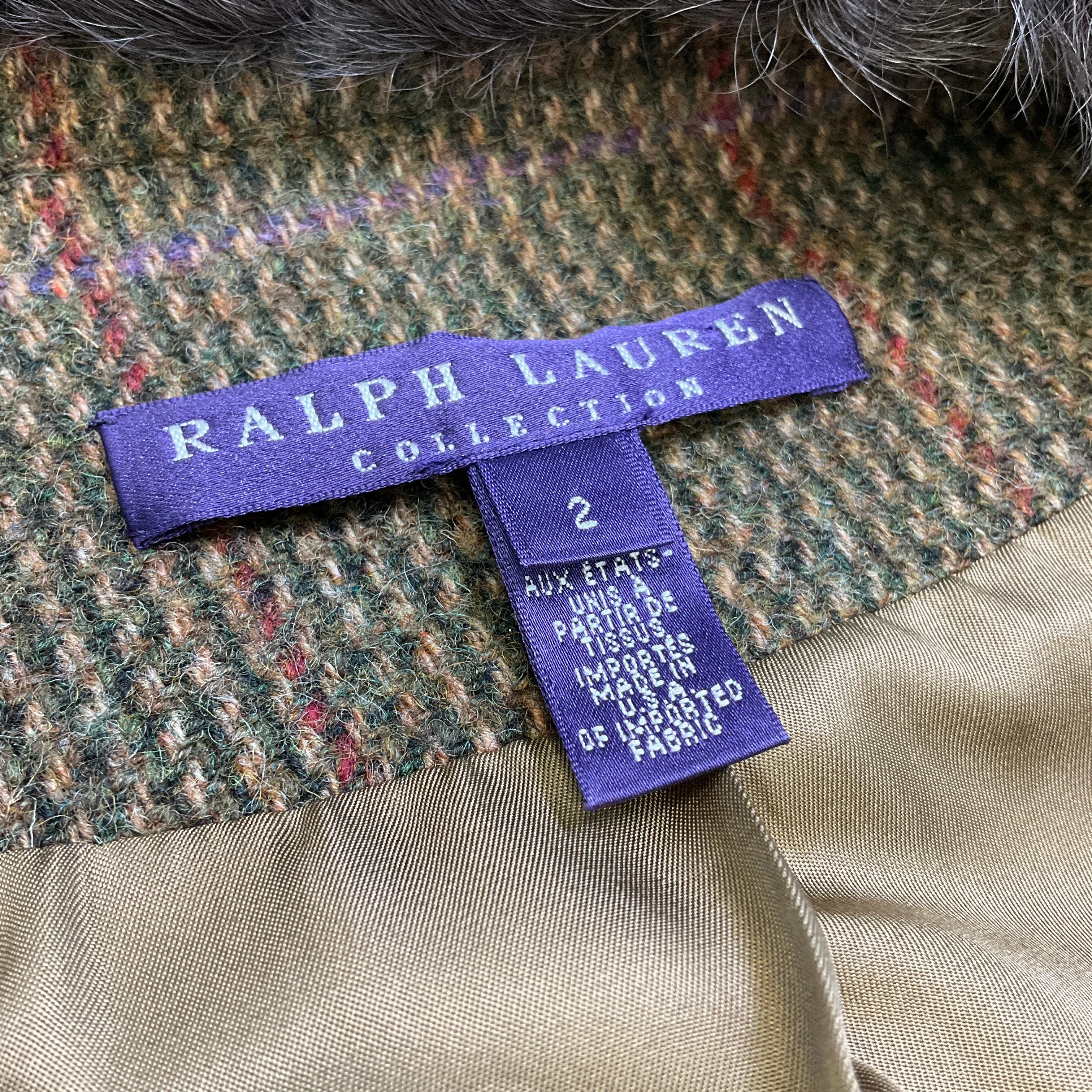 Ralph Lauren Collection Brown Lamb Shearling Collar Wool Tweed Coat with belt