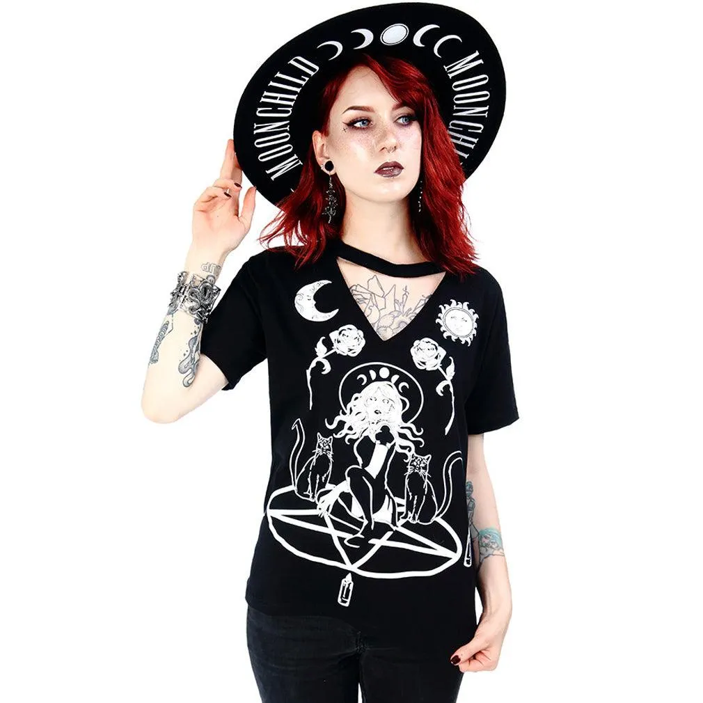 Restyle - Witch & Cats - Gothic Choker - Womens V - Neck Top