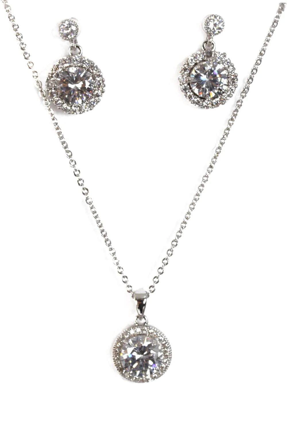 Round Cubic Zirconia Necklace & Earring Sets in Silver