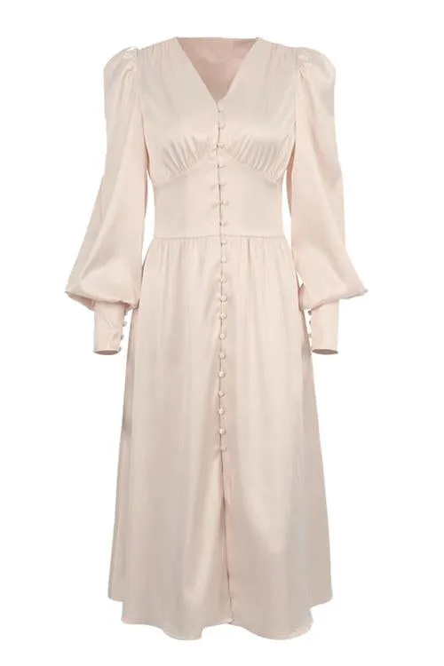 Satin Button Puff Long Sleeve Dress