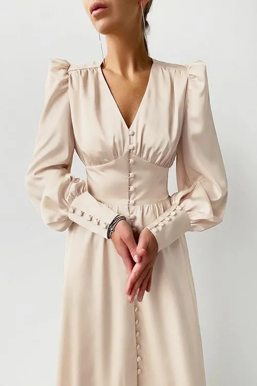 Satin Button Puff Long Sleeve Dress