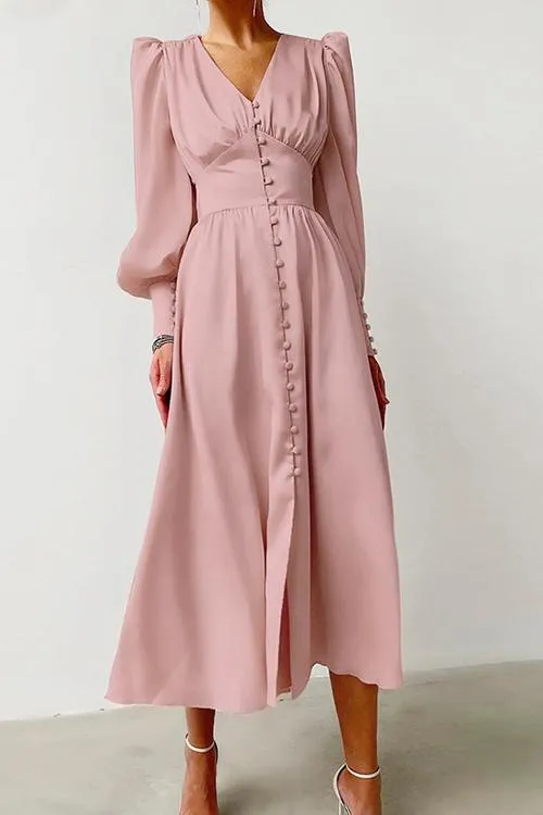 Satin Button Puff Long Sleeve Dress